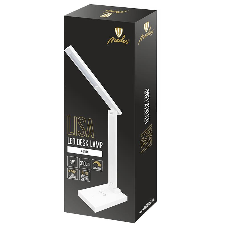 LED stolná lampa LISA 5W stmievateľná s bezdrôtovou nabíjačkou a USB - DL1202/W 5